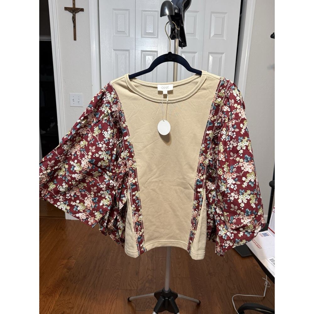 ODDI Beige Floral Balloon Sleeve Tunic Knit Blouse Women's L
